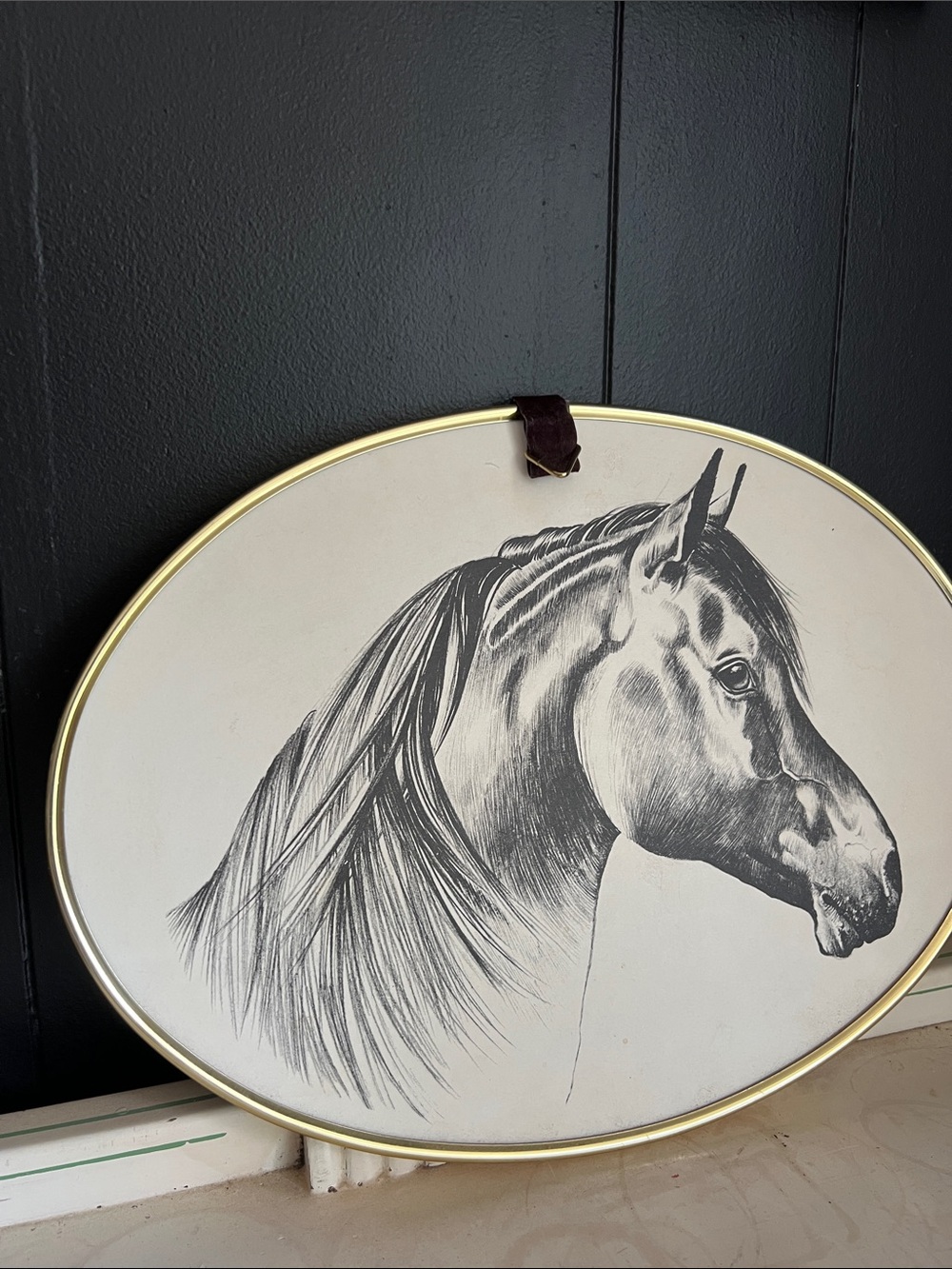 Vintage Oval Horse Portrait Wall Art Black and White sketch with hanger gallery